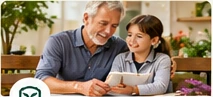 Older adult and child reviewing information